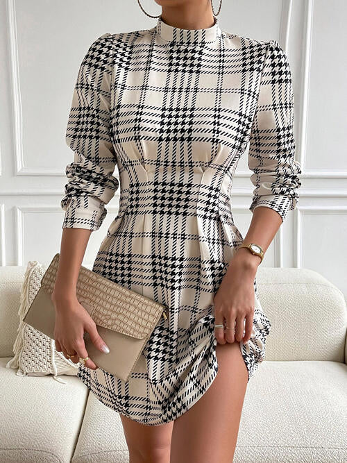 Houndstooth Mock Neck Cinched Mini Dress