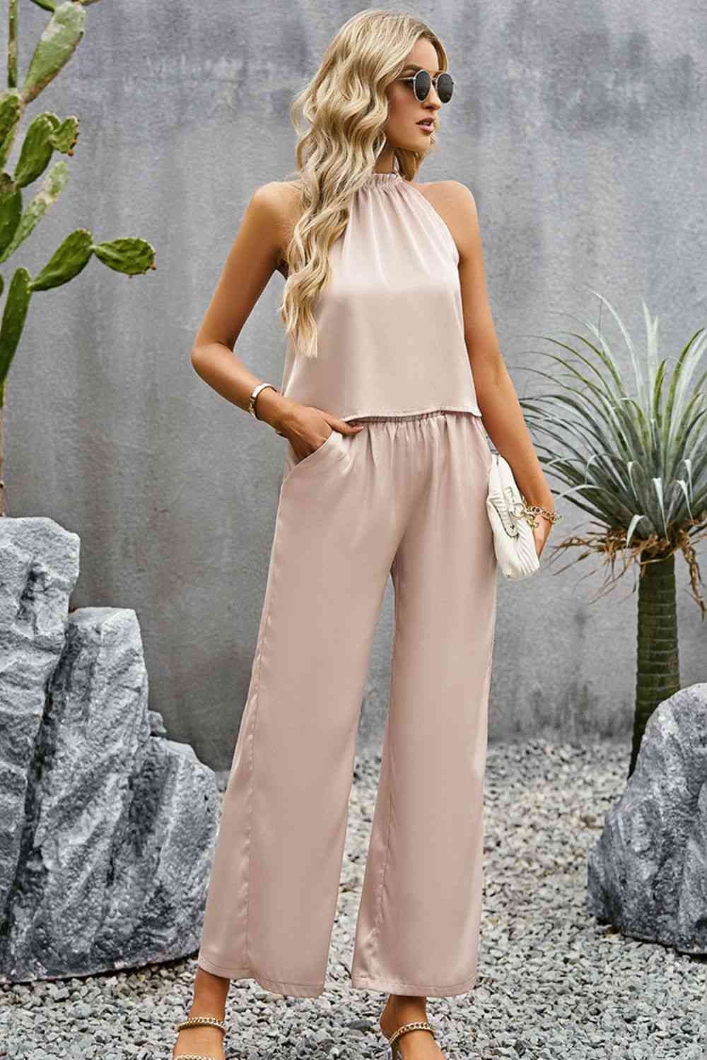 Grecian Neck Sleeveless Pocketed Top and Pants Set