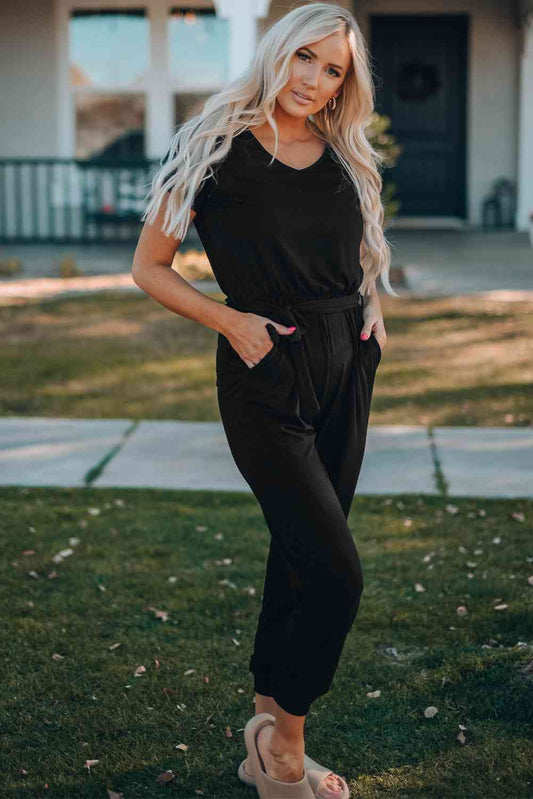 Belted V-Neck Jogger Jumpsuit