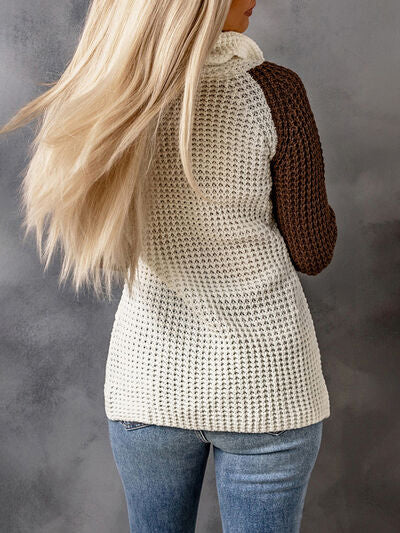 Contrast Decorative Button Turtleneck Sweater