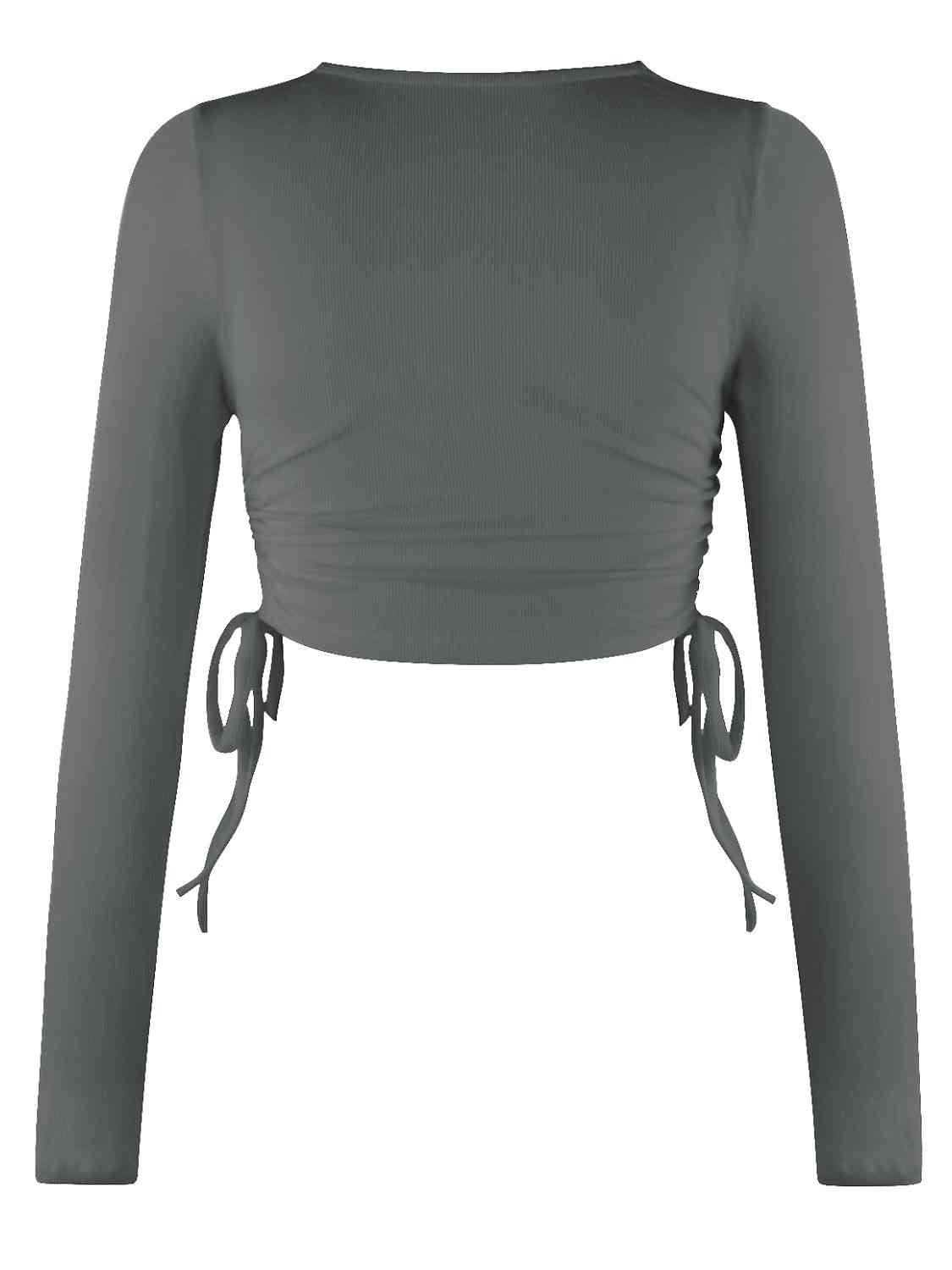 Drawstring Round Neck Long Sleeve Top