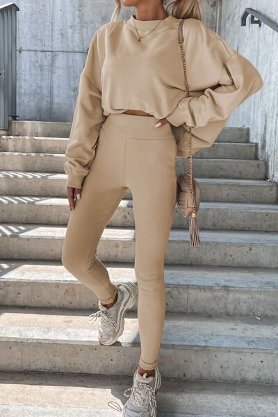 Round Neck Dropped Shoulder Sweatshirt and Pants Set