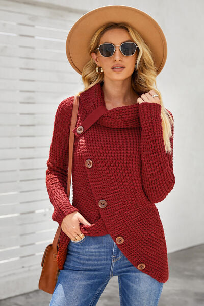 Decorative Button Mock Neck Sweater