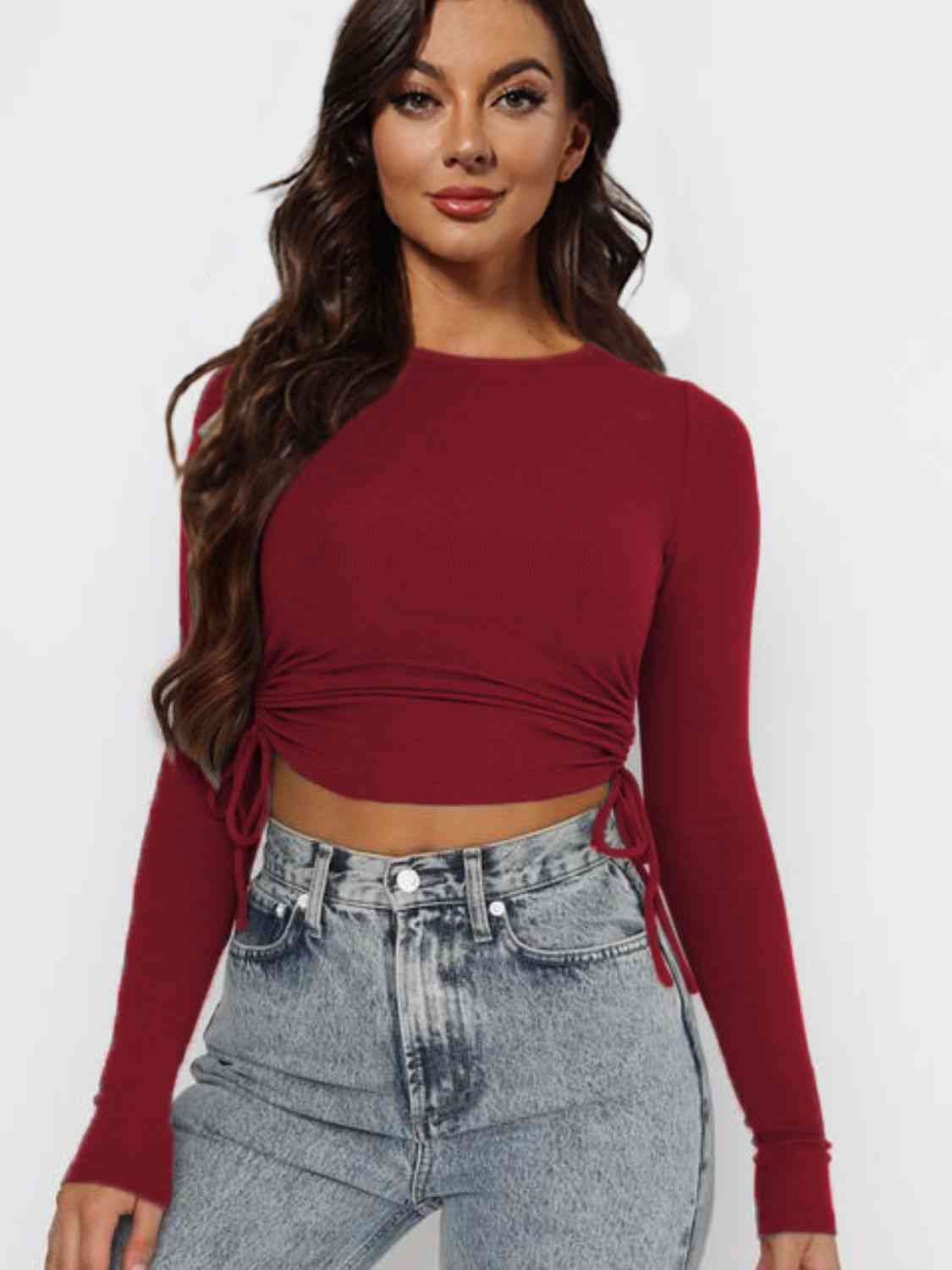 Drawstring Round Neck Long Sleeve Top