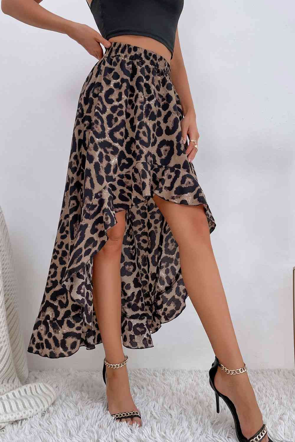 Leopard Ruffle Hem High-Low Skirt