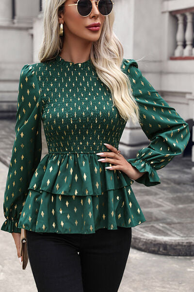 Smocked Flounce Sleeve Layered Blouse