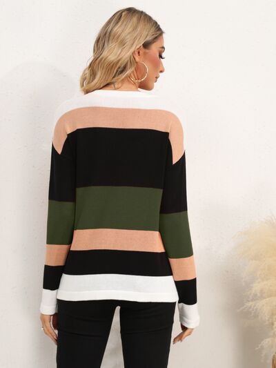 Striped Round Neck Dropped Shoulder Sweater