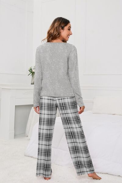 Round Neck Long Sleeve Top and Bow Plaid Pants Lounge Set