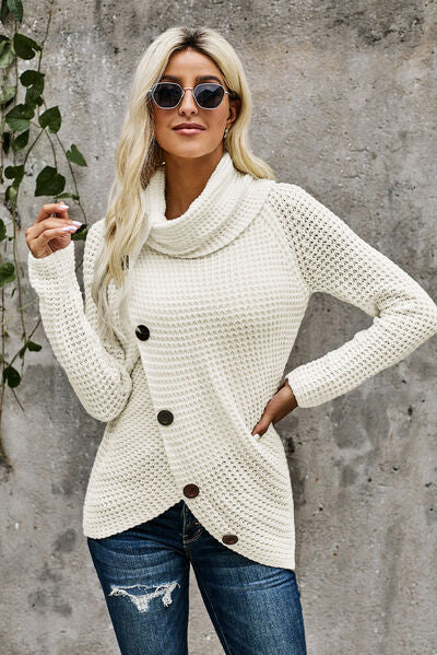 Decorative Button Mock Neck Sweater