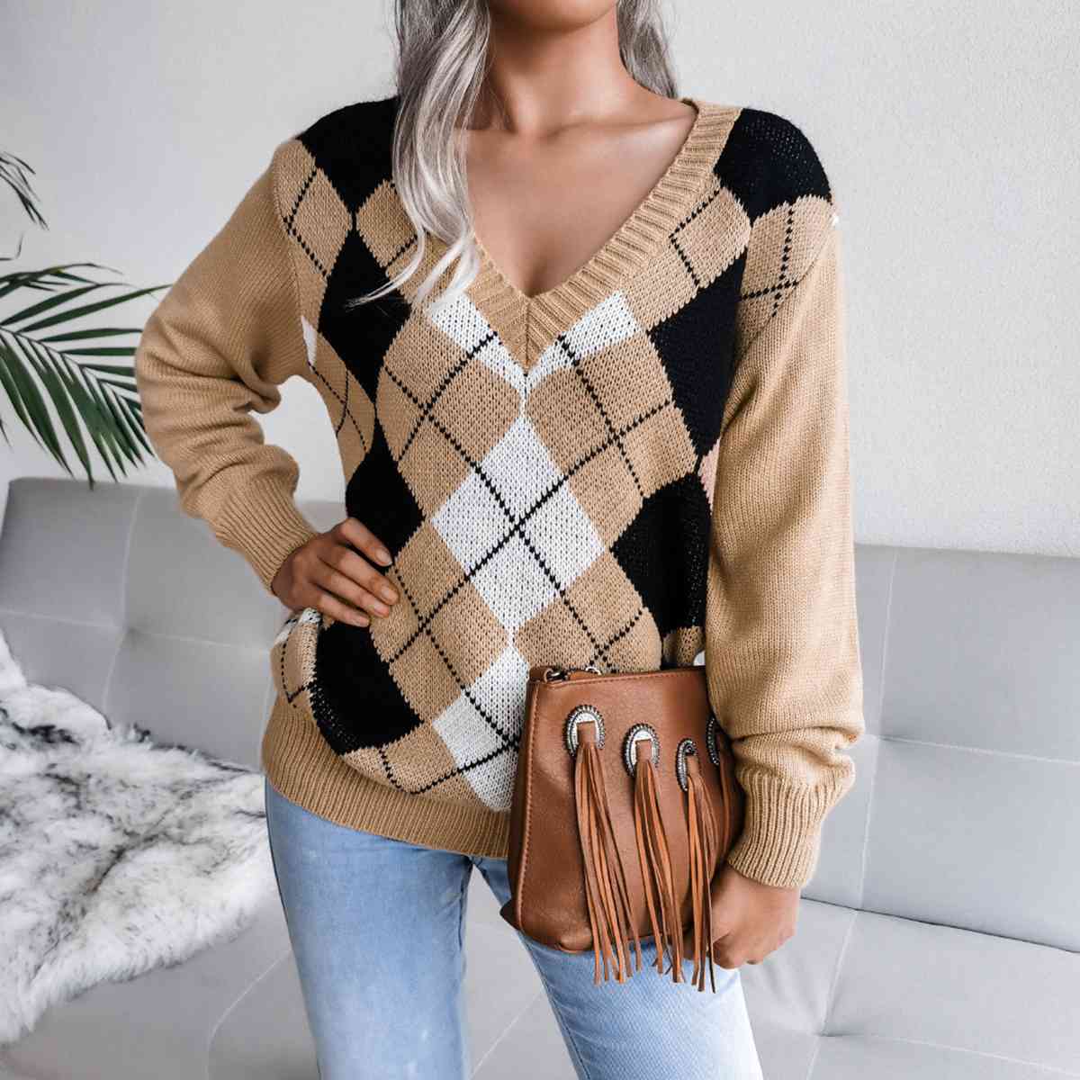 Geometric V-Neck Sweater