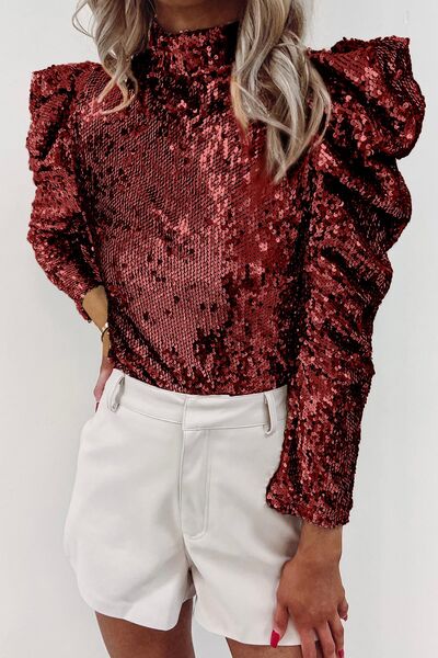 Sequin Mock Neck Leg-Of-Mutton Sleeve Top