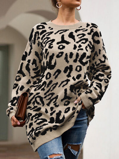 Leopard Round Neck Tunic Sweater