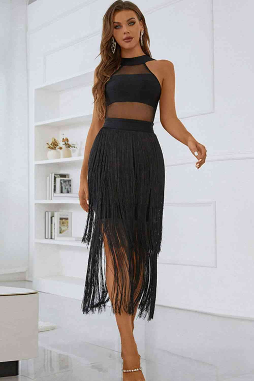 Spliced Mesh Fringe Hem Sleeveless Dress